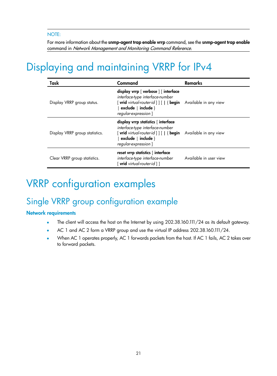 Displaying and maintaining vrrp for ipv4, Vrrp configuration examples, Single vrrp group configuration example | Network requirements | H3C Technologies H3C WX3000E Series Wireless Switches User Manual | Page 29 / 62
