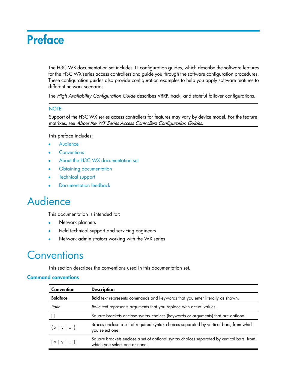 Preface, Audience, Conventions | Command conventions | H3C Technologies H3C WX3000E Series Wireless Switches User Manual | Page 3 / 62