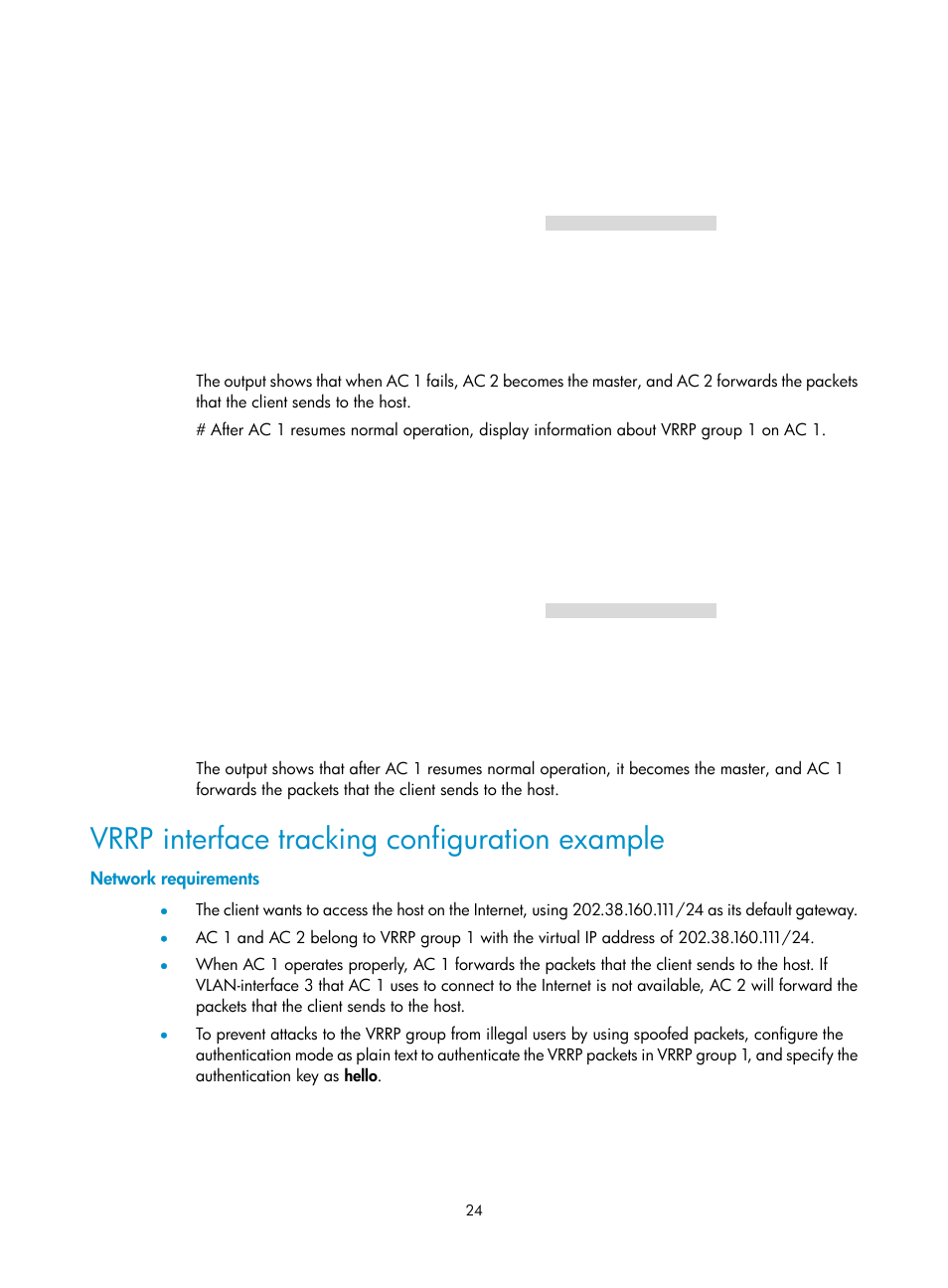 Vrrp interface tracking configuration example, Network requirements | H3C Technologies H3C WX3000E Series Wireless Switches User Manual | Page 32 / 62