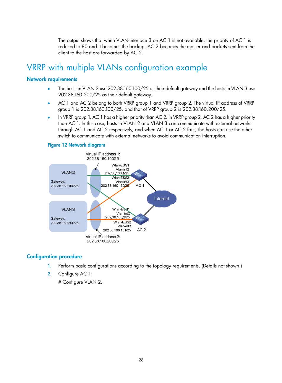 Vrrp with multiple vlans configuration example, Network requirements, Configuration procedure | H3C Technologies H3C WX3000E Series Wireless Switches User Manual | Page 36 / 62