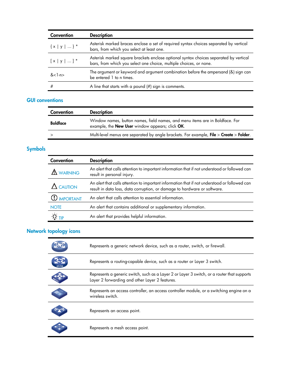 Gui conventions, Symbols, Network topology icons | H3C Technologies H3C WX3000E Series Wireless Switches User Manual | Page 4 / 62