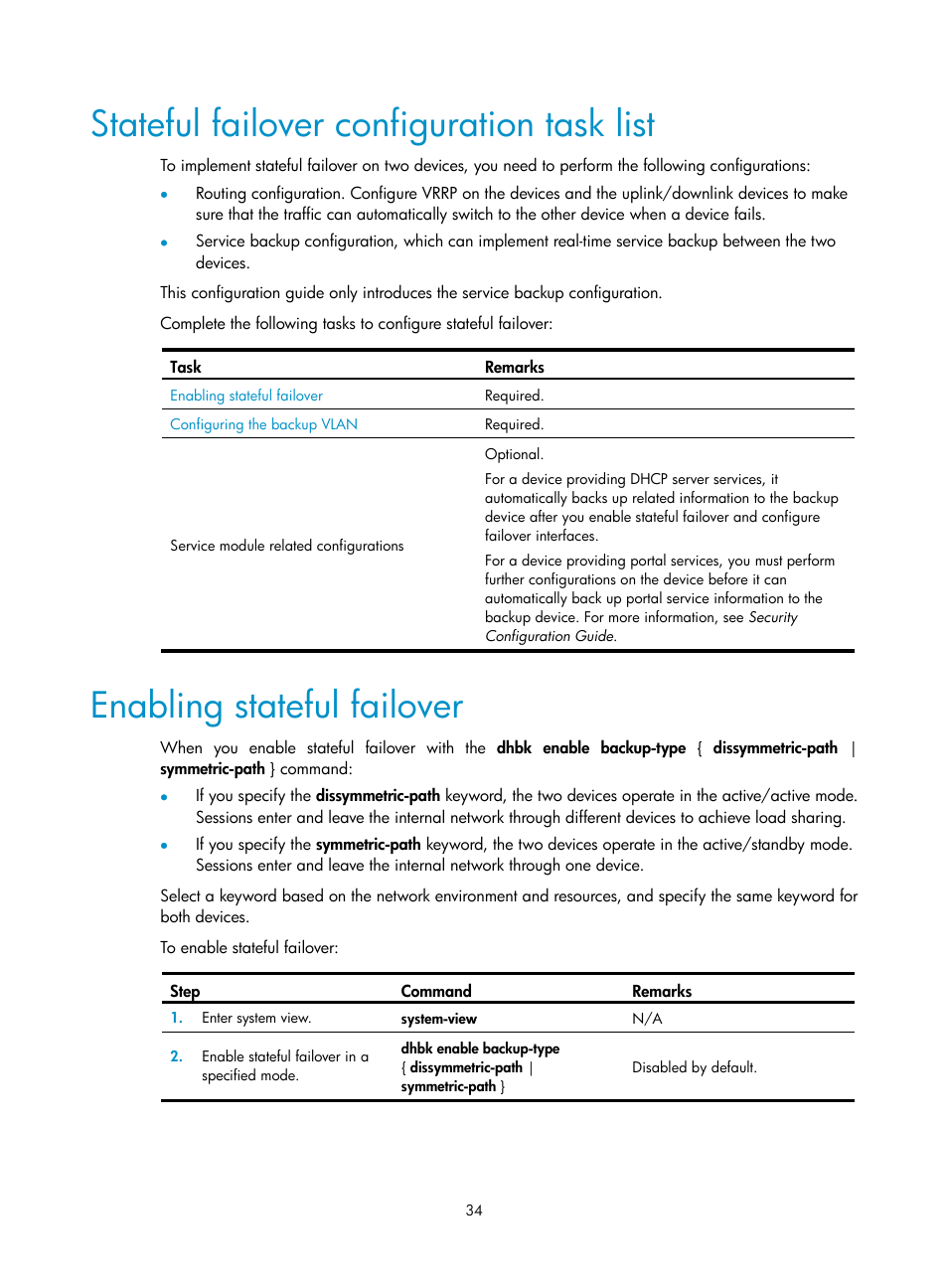 Stateful failover configuration task list, Enabling stateful failover | H3C Technologies H3C WX3000E Series Wireless Switches User Manual | Page 42 / 62