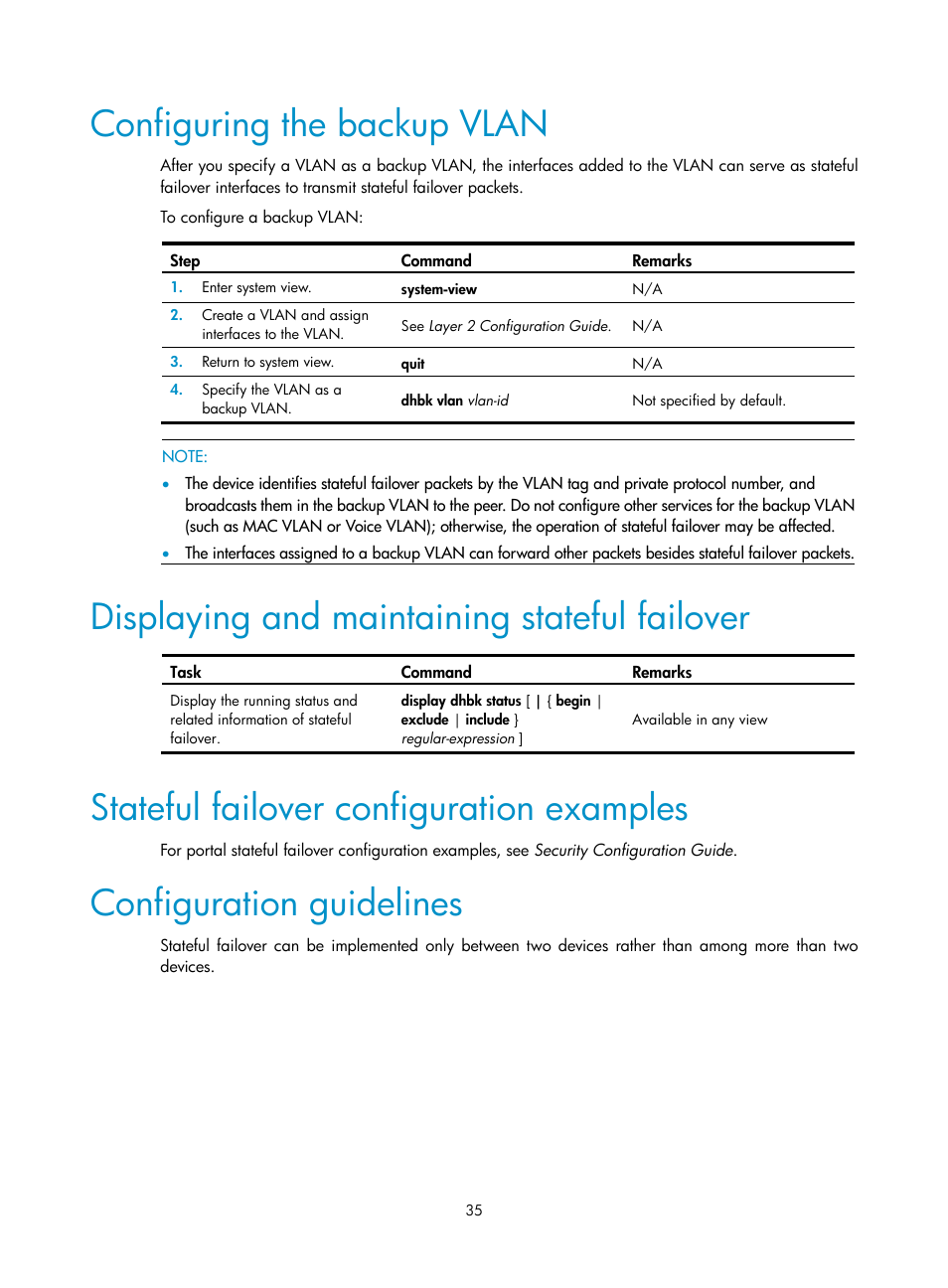 Configuring the backup vlan, Displaying and maintaining stateful failover, Stateful failover configuration examples | Configuration guidelines | H3C Technologies H3C WX3000E Series Wireless Switches User Manual | Page 43 / 62