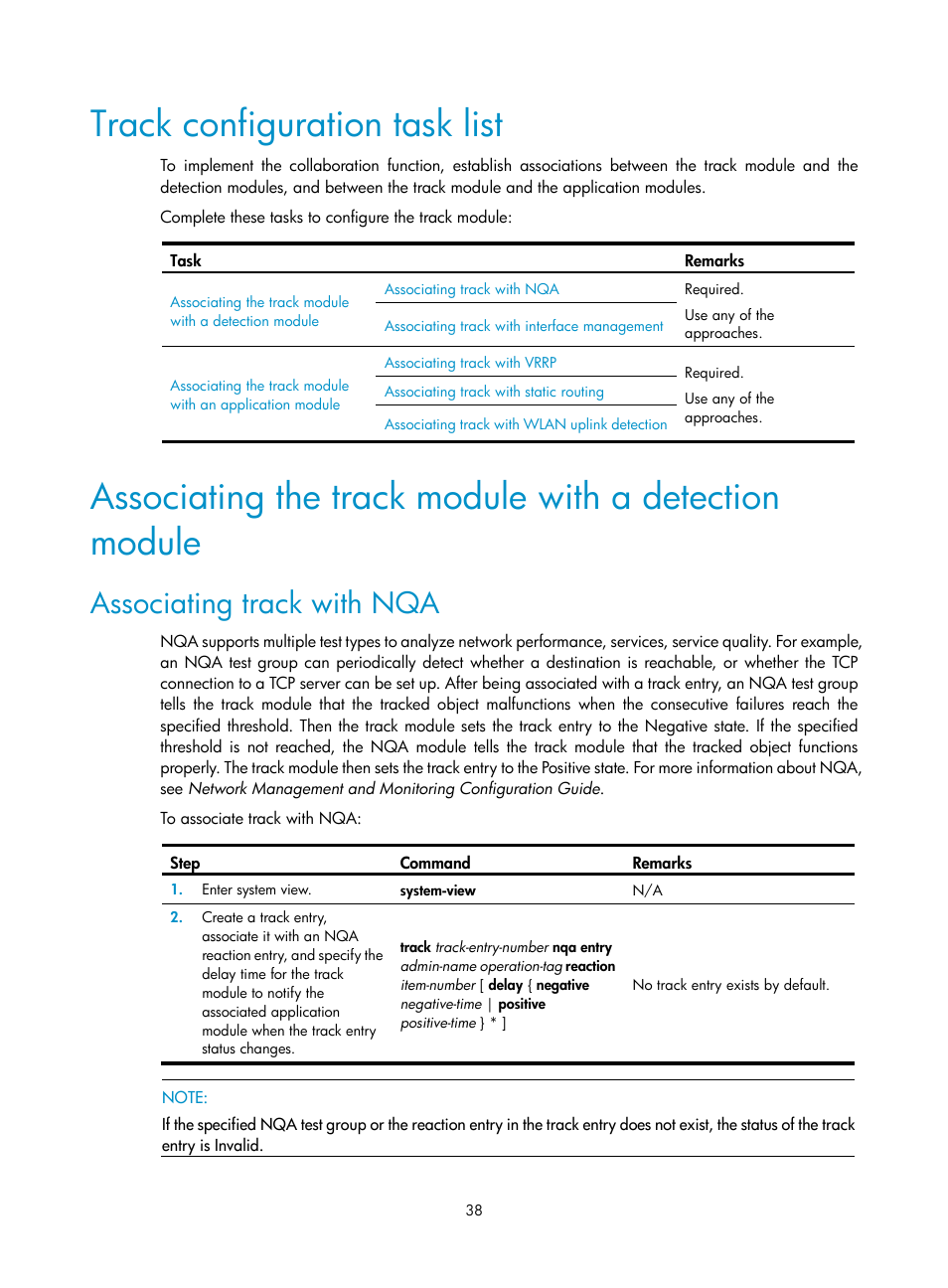 Track configuration task list, Associating track with nqa | H3C Technologies H3C WX3000E Series Wireless Switches User Manual | Page 46 / 62
