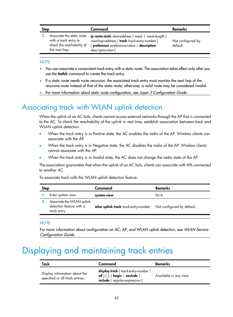 Associating track with wlan uplink detection, Displaying and maintaining track entries | H3C Technologies H3C WX3000E Series Wireless Switches User Manual | Page 50 / 62