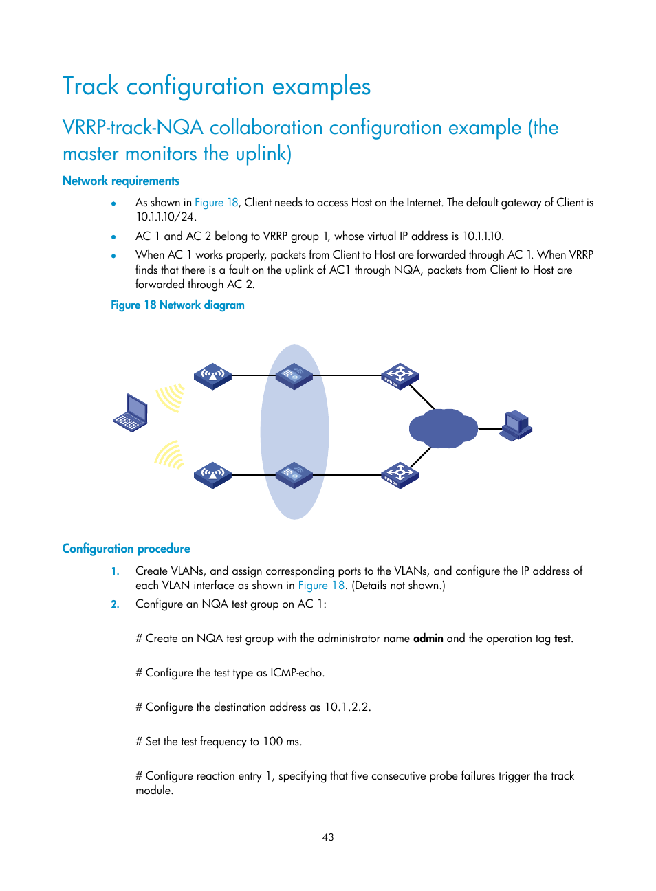 Track configuration examples, Network requirements, Configuration procedure | H3C Technologies H3C WX3000E Series Wireless Switches User Manual | Page 51 / 62