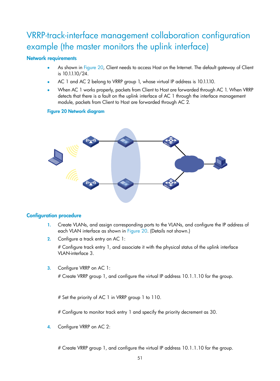 Network requirements, Configuration procedure | H3C Technologies H3C WX3000E Series Wireless Switches User Manual | Page 59 / 62