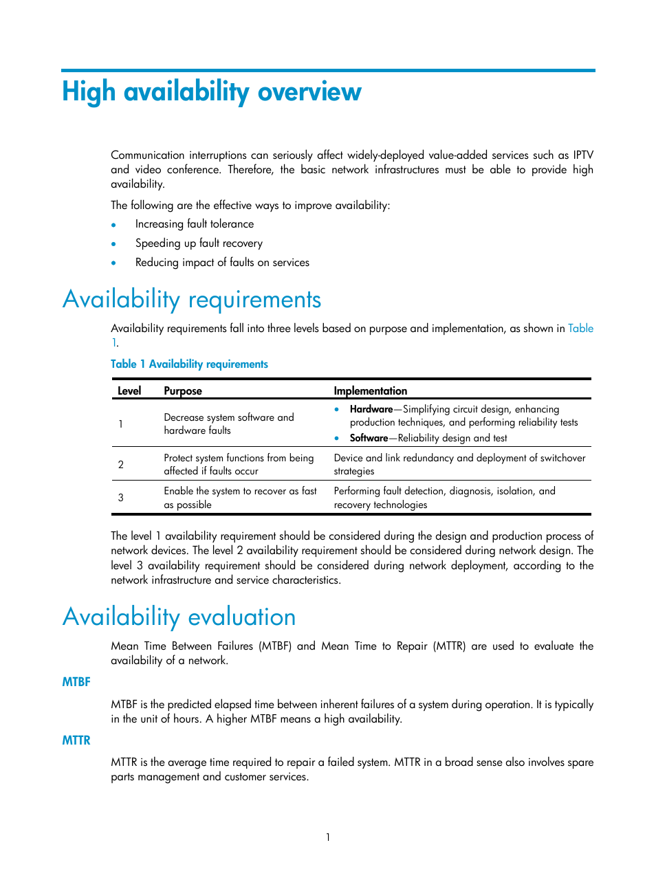 High availability overview, Availability requirements, Availability evaluation | Mtbf, Mttr | H3C Technologies H3C WX3000E Series Wireless Switches User Manual | Page 9 / 62