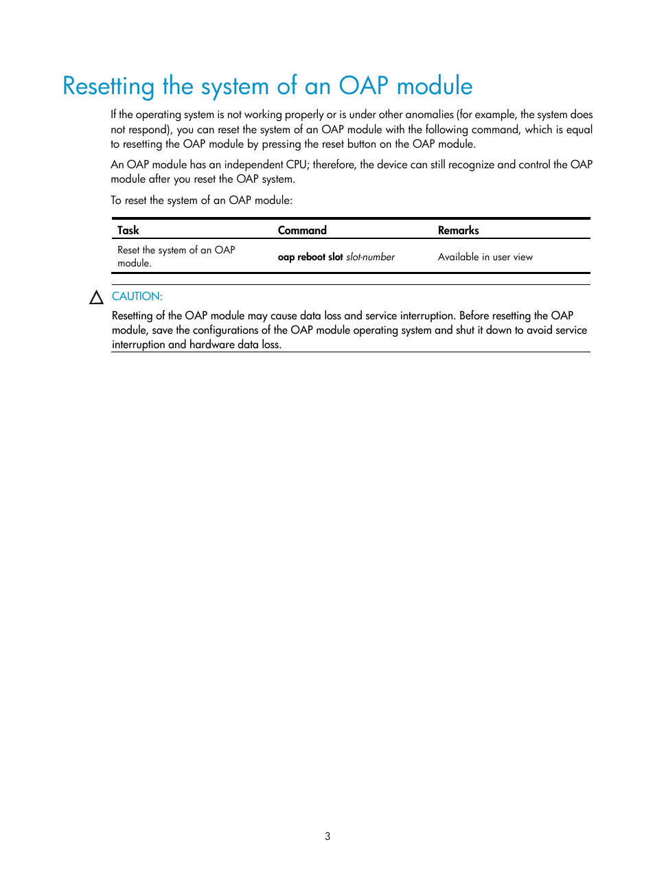 Resetting the system of an oap module | H3C Technologies H3C WX3000E Series Wireless Switches User Manual | Page 10 / 16