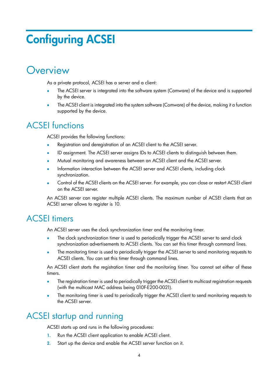 Configuring acsei, Overview, Acsei functions | Acsei timers, Acsei startup and running | H3C Technologies H3C WX3000E Series Wireless Switches User Manual | Page 11 / 16