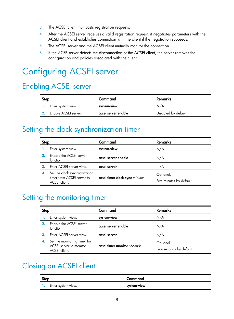 Configuring acsei server, Enabling acsei server, Setting the clock synchronization timer | Setting the monitoring timer, Closing an acsei client | H3C Technologies H3C WX3000E Series Wireless Switches User Manual | Page 12 / 16