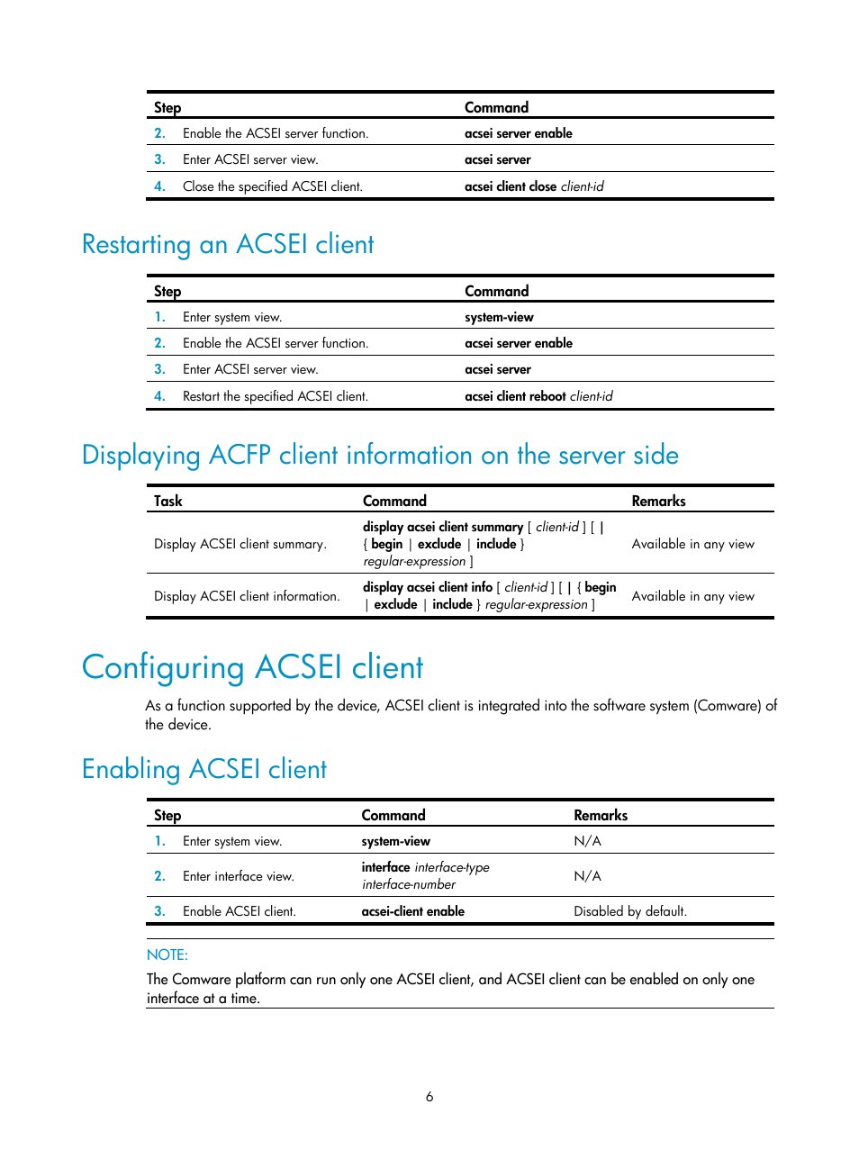 Restarting an acsei client, Configuring acsei client, Enabling acsei client | H3C Technologies H3C WX3000E Series Wireless Switches User Manual | Page 13 / 16