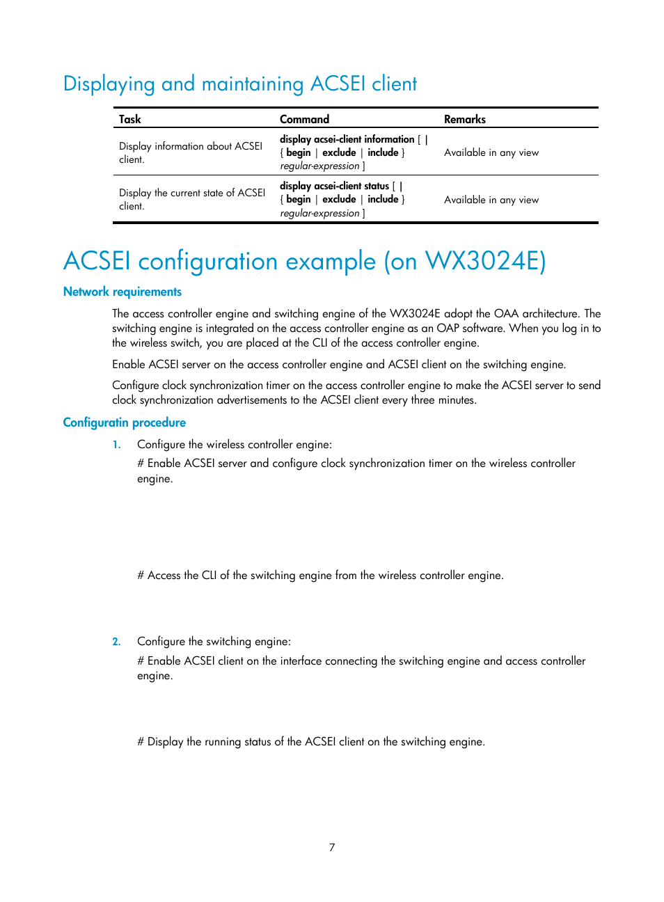 Displaying and maintaining acsei client, Acsei configuration example (on wx3024e), Network requirements | Configuratin procedure | H3C Technologies H3C WX3000E Series Wireless Switches User Manual | Page 14 / 16