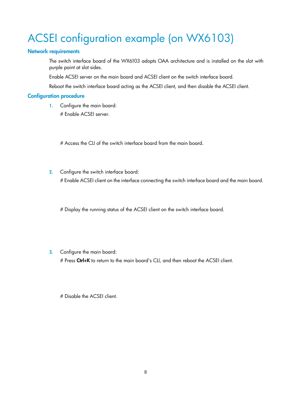 Acsei configuration example (on wx6103), Network requirements, Configuration procedure | H3C Technologies H3C WX3000E Series Wireless Switches User Manual | Page 15 / 16