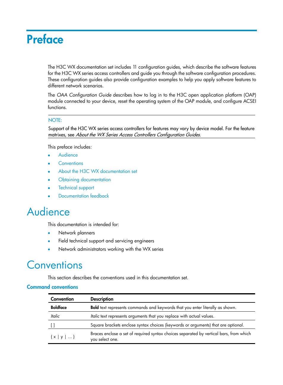 Preface, Audience, Conventions | Command conventions | H3C Technologies H3C WX3000E Series Wireless Switches User Manual | Page 3 / 16