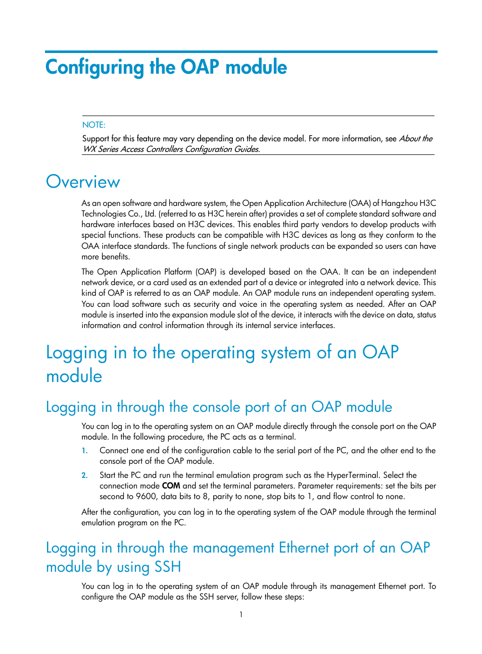 Configuring the oap module, Overview | H3C Technologies H3C WX3000E Series Wireless Switches User Manual | Page 8 / 16