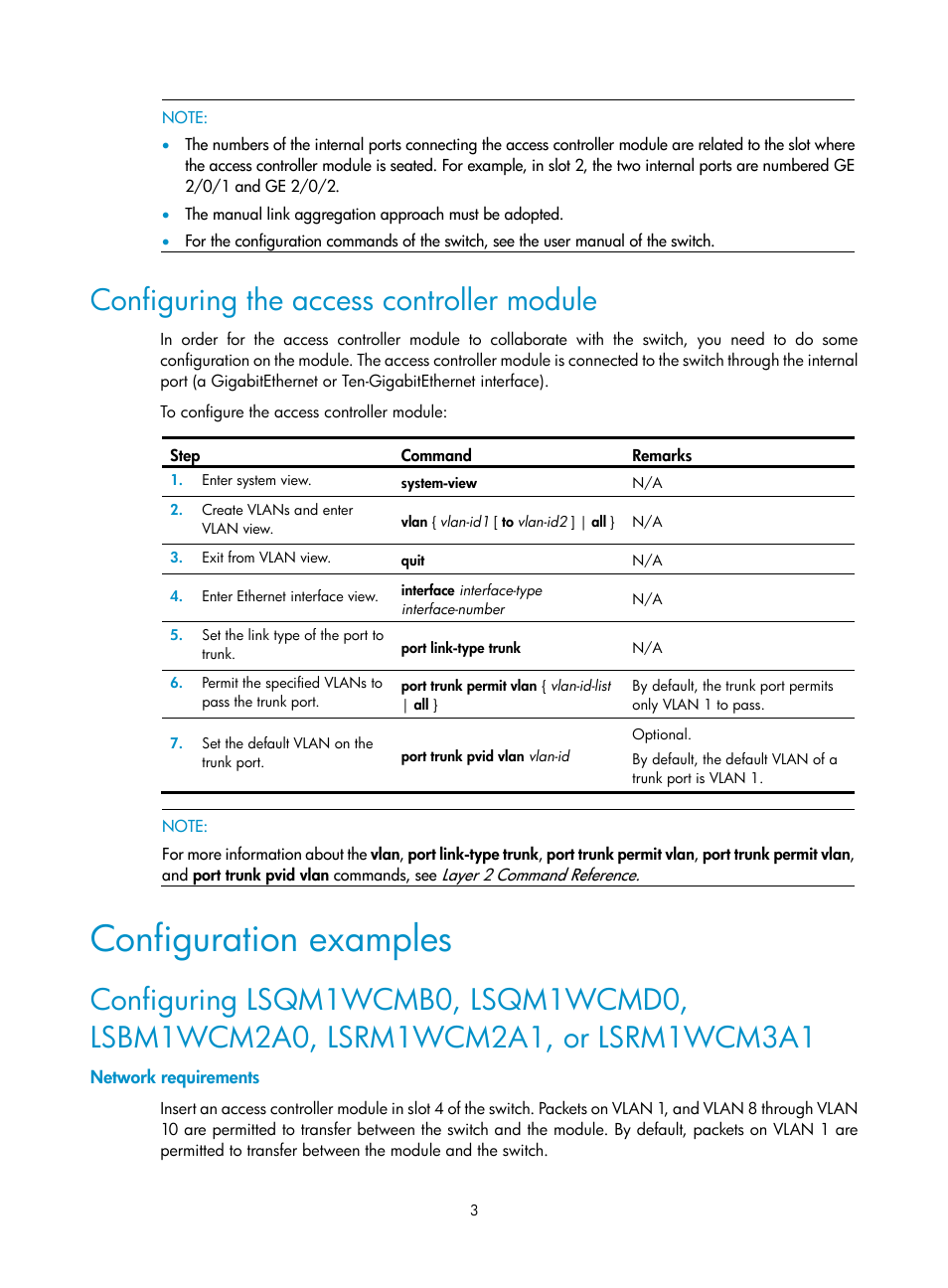 Configuring the access controller module, Configuration examples, Network requirements | H3C Technologies H3C WX3000E Series Wireless Switches User Manual | Page 10 / 13