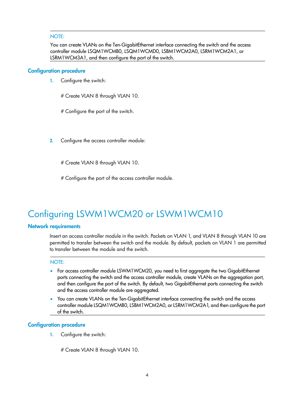 Configuration procedure, Configuring lswm1wcm20 or lswm1wcm10, Network requirements | H3C Technologies H3C WX3000E Series Wireless Switches User Manual | Page 11 / 13