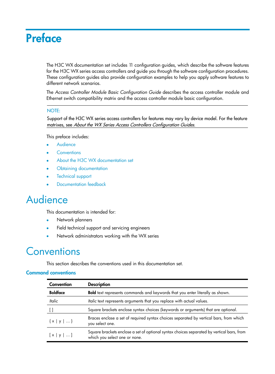 Preface, Audience, Conventions | Command conventions | H3C Technologies H3C WX3000E Series Wireless Switches User Manual | Page 3 / 13