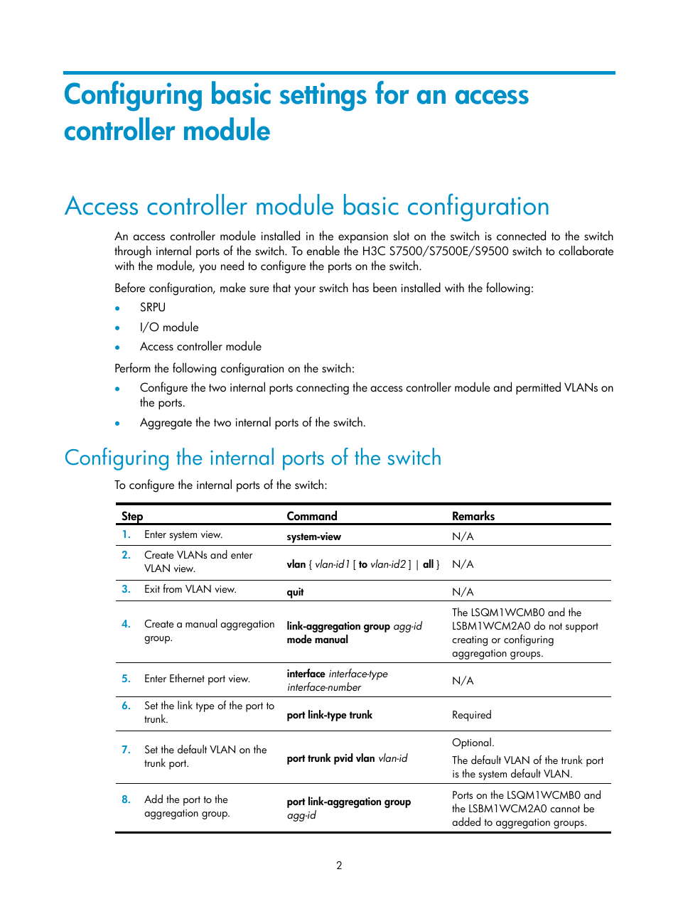 Access controller module basic configuration, Configuring the internal ports of the switch | H3C Technologies H3C WX3000E Series Wireless Switches User Manual | Page 9 / 13