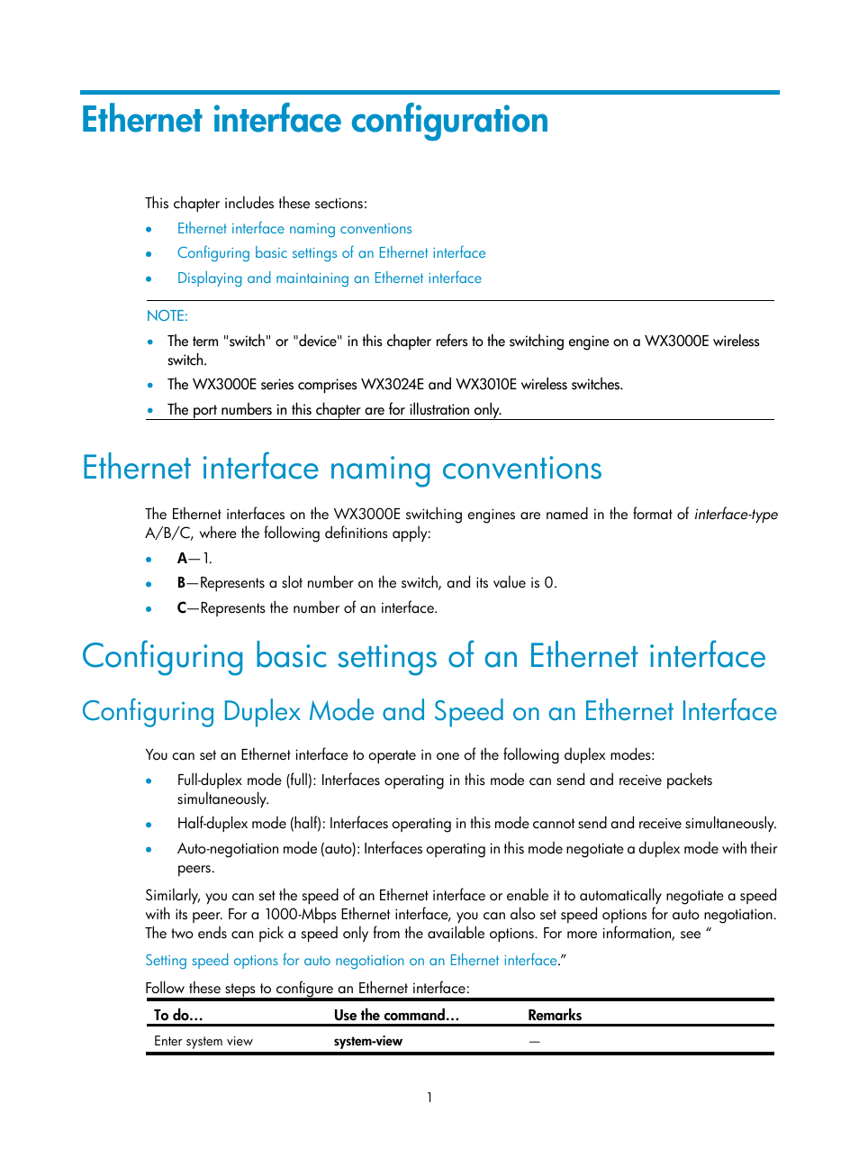Ethernet interface configuration, Ethernet interface naming conventions | H3C Technologies H3C WX3000E Series Wireless Switches User Manual | Page 10 / 156