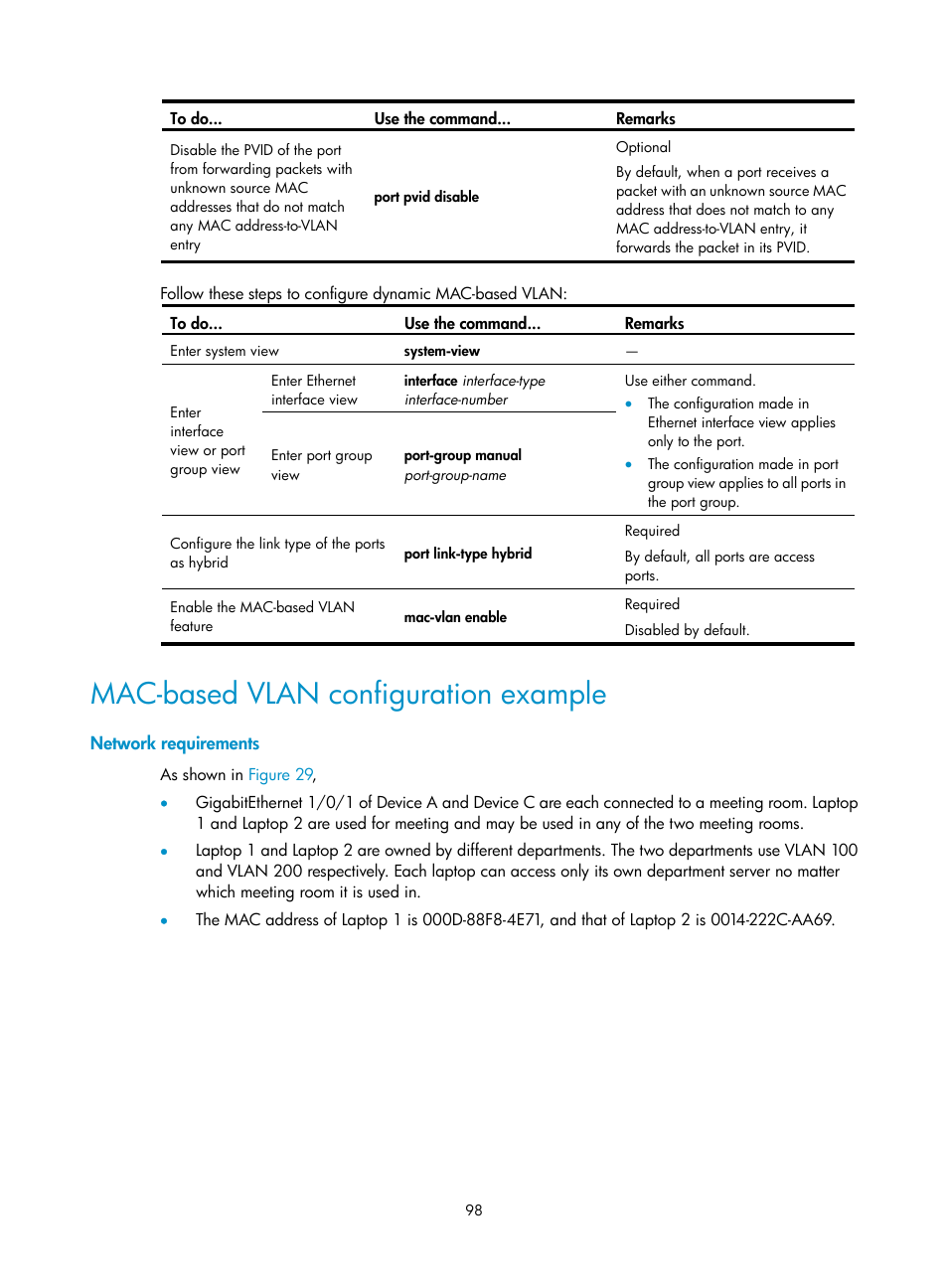 Mac-based vlan configuration example, Network requirements | H3C Technologies H3C WX3000E Series Wireless Switches User Manual | Page 107 / 156