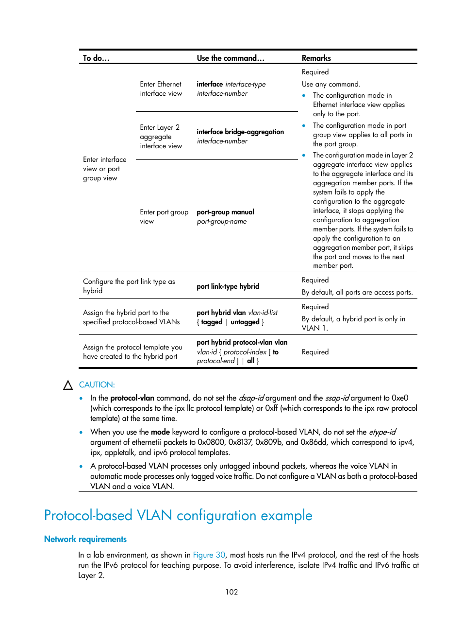 Protocol-based vlan configuration example, Network requirements | H3C Technologies H3C WX3000E Series Wireless Switches User Manual | Page 111 / 156