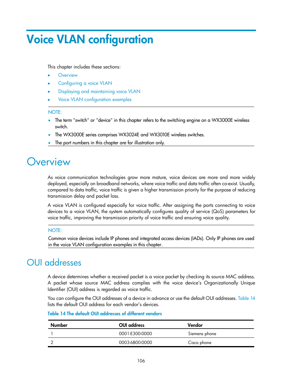 Voice vlan configuration, Overview, Oui addresses | H3C Technologies H3C WX3000E Series Wireless Switches User Manual | Page 115 / 156