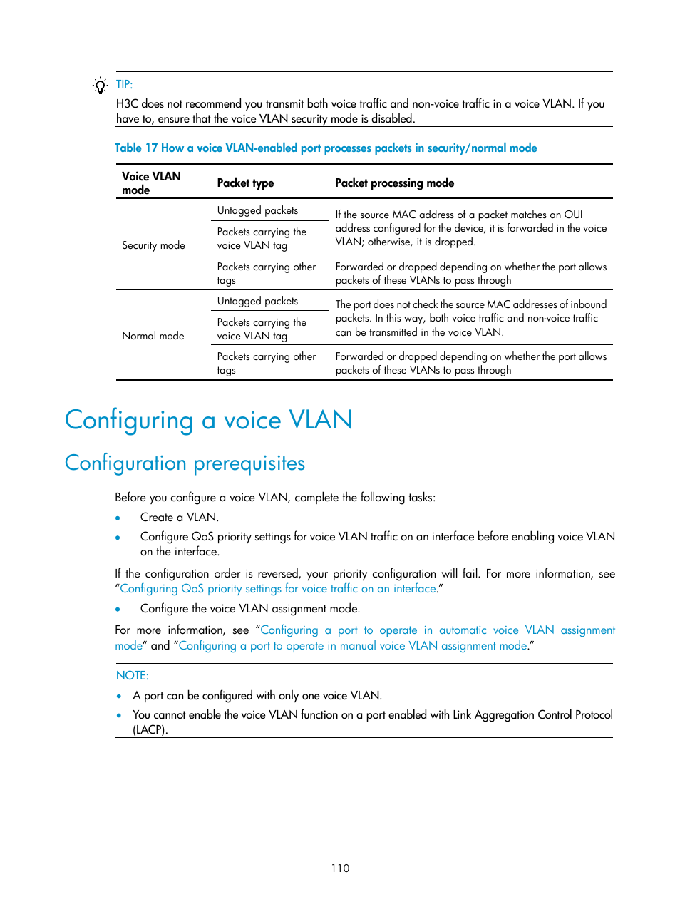Configuring a voice vlan, Configuration prerequisites | H3C Technologies H3C WX3000E Series Wireless Switches User Manual | Page 119 / 156