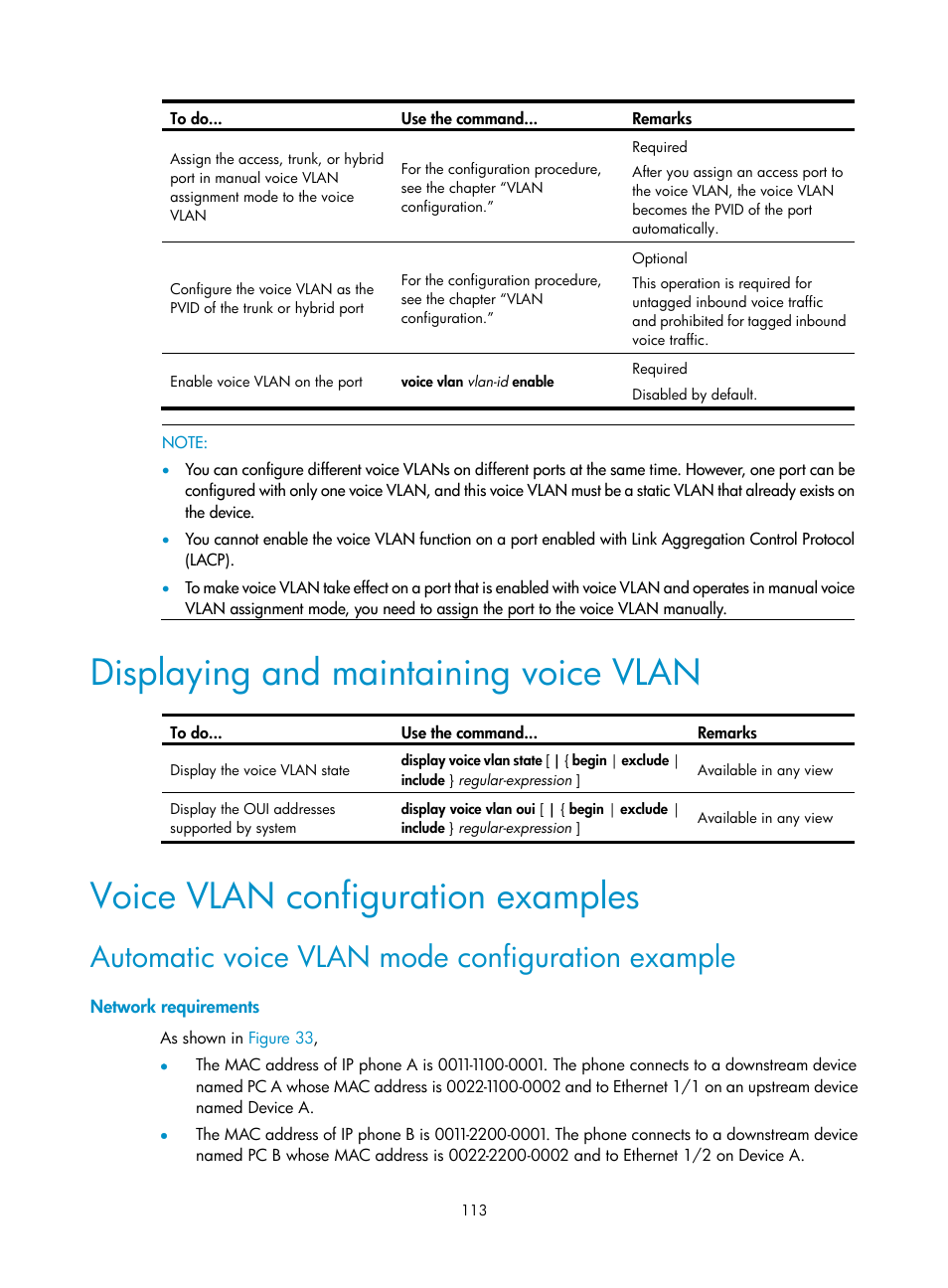 Displaying and maintaining voice vlan, Voice vlan configuration examples, Automatic voice vlan mode configuration example | Network requirements | H3C Technologies H3C WX3000E Series Wireless Switches User Manual | Page 122 / 156