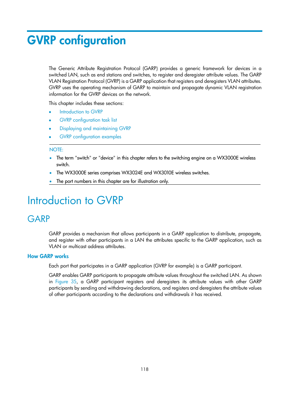Gvrp configuration, Introduction to gvrp, Garp | How garp works | H3C Technologies H3C WX3000E Series Wireless Switches User Manual | Page 127 / 156