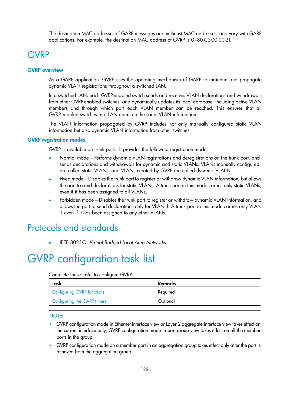 Gvrp, Gvrp overview, Gvrp registration modes | Protocols and standards, Gvrp configuration task list | H3C Technologies H3C WX3000E Series Wireless Switches User Manual | Page 131 / 156