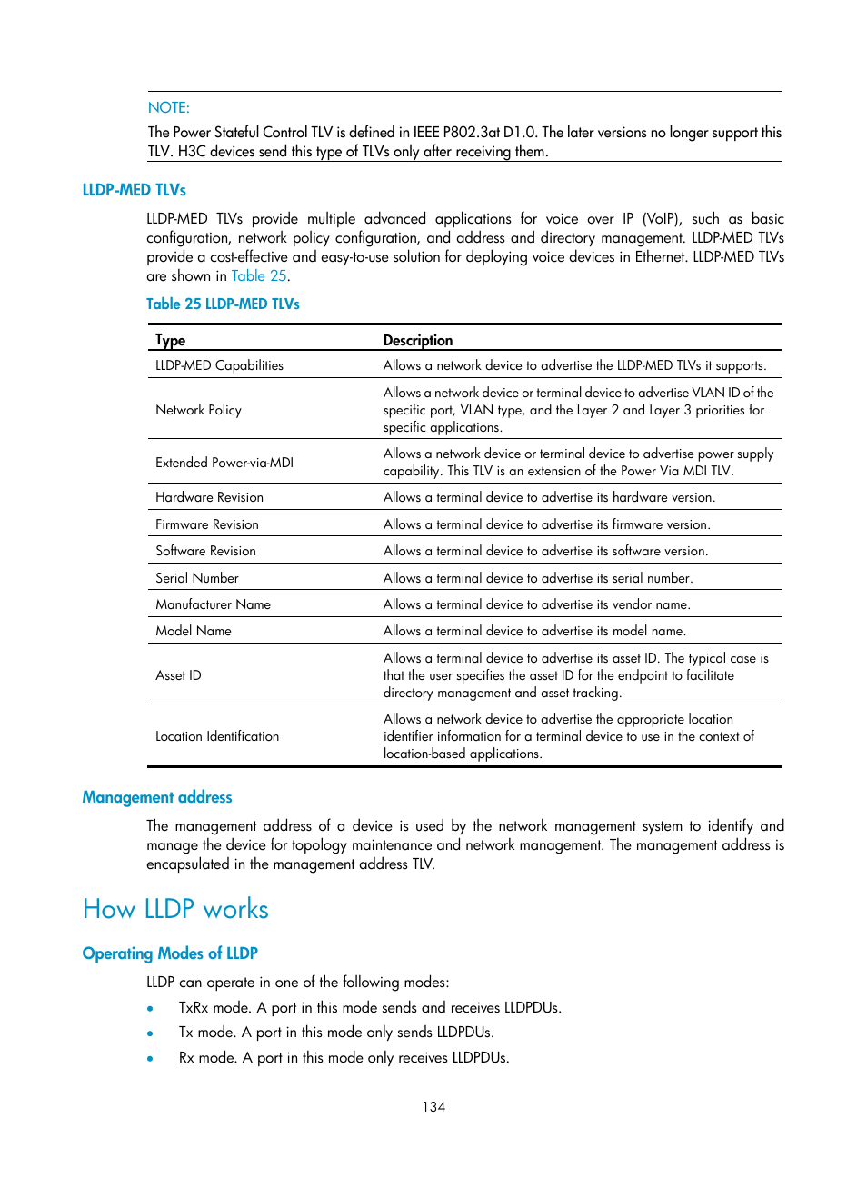 Lldp-med tlvs, Management address, How lldp works | Operating modes of lldp | H3C Technologies H3C WX3000E Series Wireless Switches User Manual | Page 143 / 156