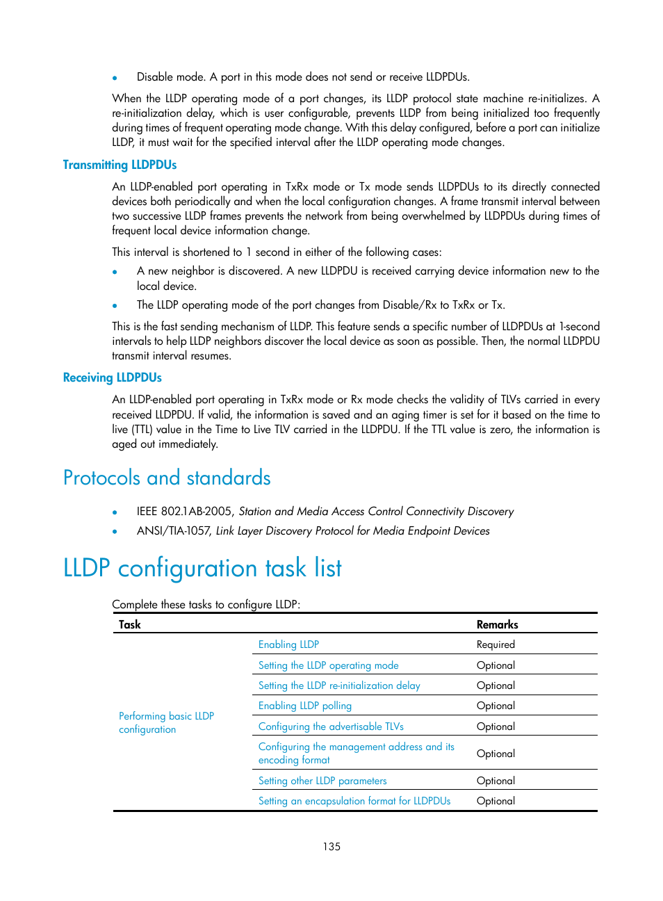 Transmitting lldpdus, Receiving lldpdus, Protocols and standards | Lldp configuration task list | H3C Technologies H3C WX3000E Series Wireless Switches User Manual | Page 144 / 156