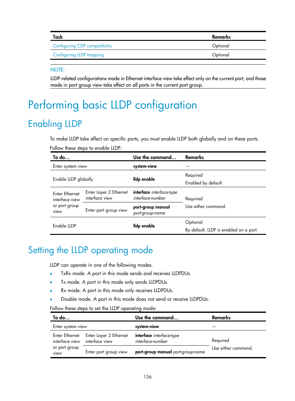 Performing basic lldp configuration, Enabling lldp, Setting the lldp operating mode | H3C Technologies H3C WX3000E Series Wireless Switches User Manual | Page 145 / 156