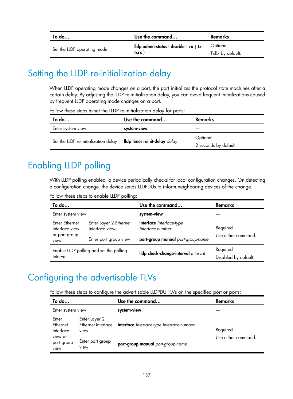 Setting the lldp re-initialization delay, Enabling lldp polling, Configuring the advertisable tlvs | H3C Technologies H3C WX3000E Series Wireless Switches User Manual | Page 146 / 156