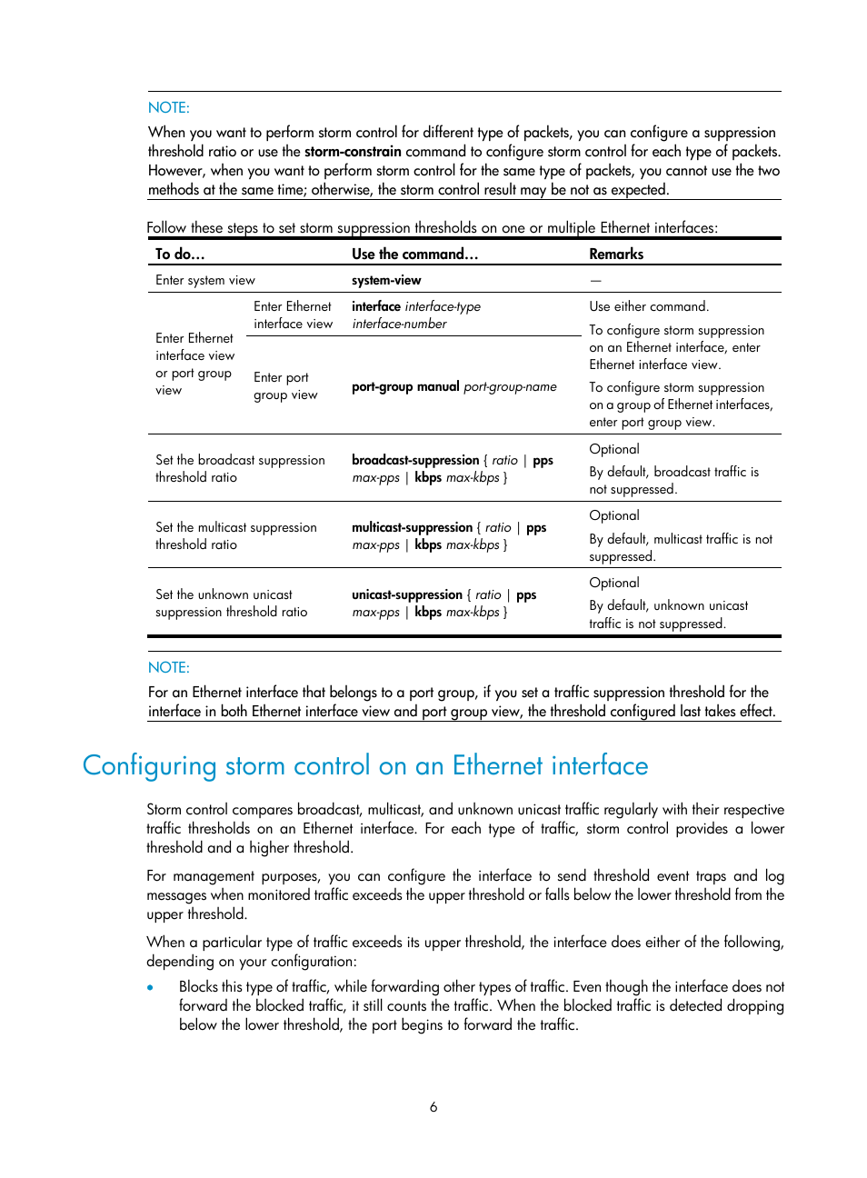 Configuring storm control on an ethernet interface | H3C Technologies H3C WX3000E Series Wireless Switches User Manual | Page 15 / 156