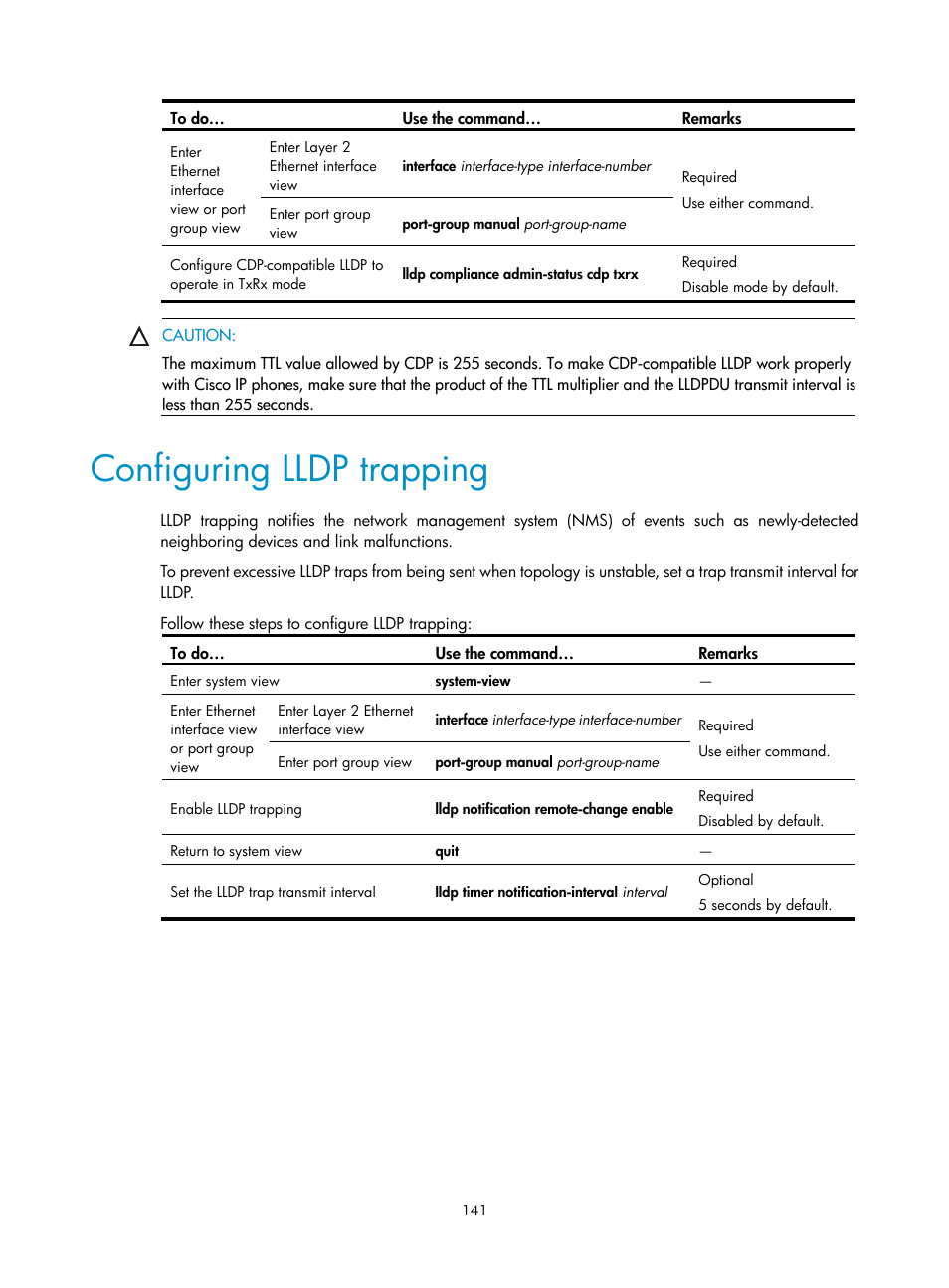 Configuring lldp trapping | H3C Technologies H3C WX3000E Series Wireless Switches User Manual | Page 150 / 156