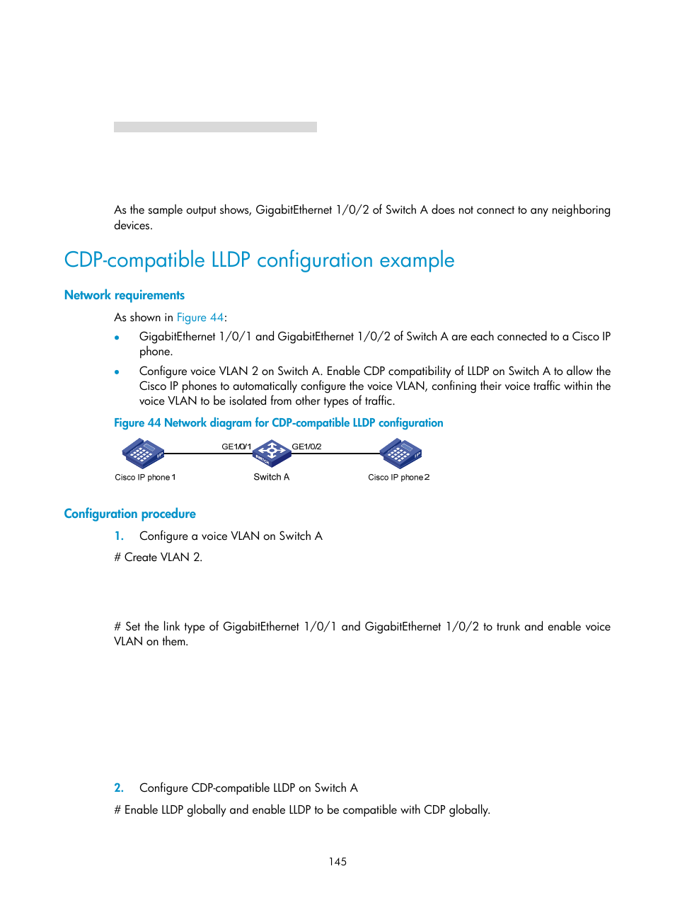 Cdp-compatible lldp configuration example, Network requirements, Configuration procedure | H3C Technologies H3C WX3000E Series Wireless Switches User Manual | Page 154 / 156