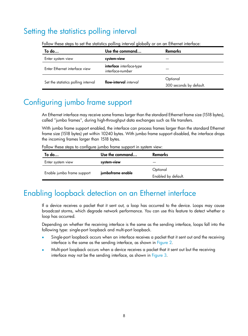 Setting the statistics polling interval, Configuring jumbo frame support | H3C Technologies H3C WX3000E Series Wireless Switches User Manual | Page 17 / 156