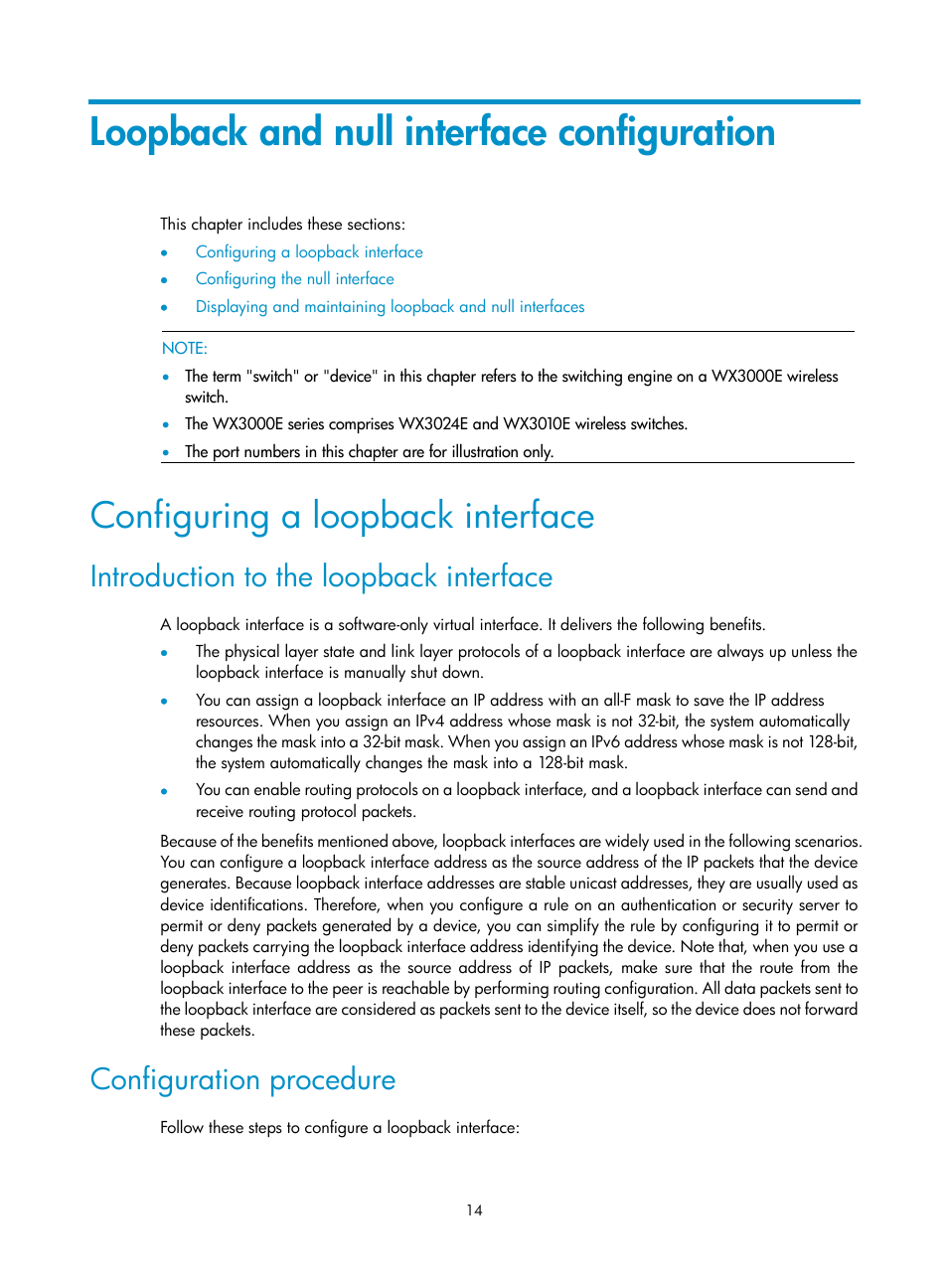 Loopback and null interface configuration, Configuring a loopback interface, Introduction to the loopback interface | Configuration procedure | H3C Technologies H3C WX3000E Series Wireless Switches User Manual | Page 23 / 156