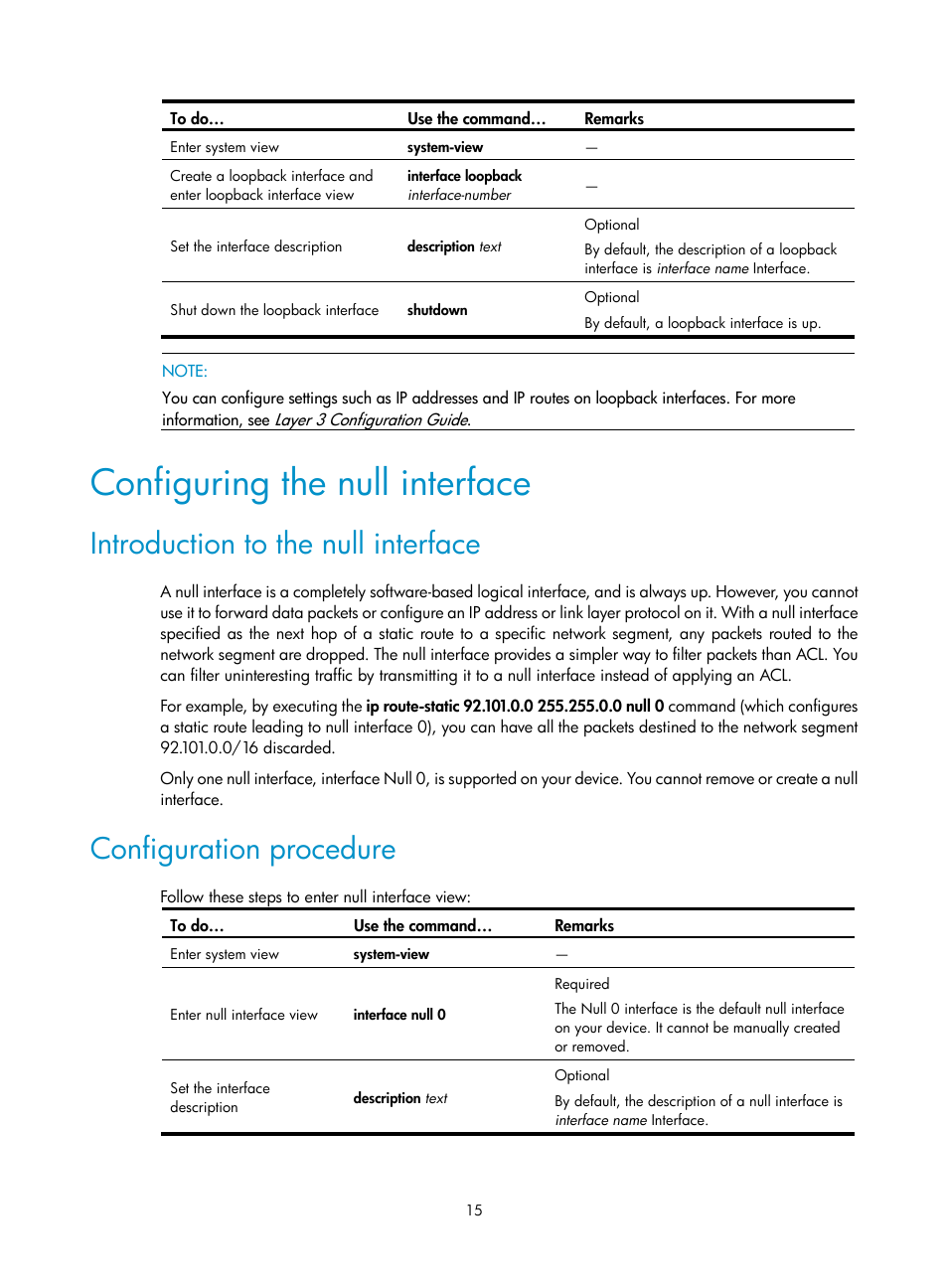 Configuring the null interface, Introduction to the null interface, Configuration procedure | H3C Technologies H3C WX3000E Series Wireless Switches User Manual | Page 24 / 156