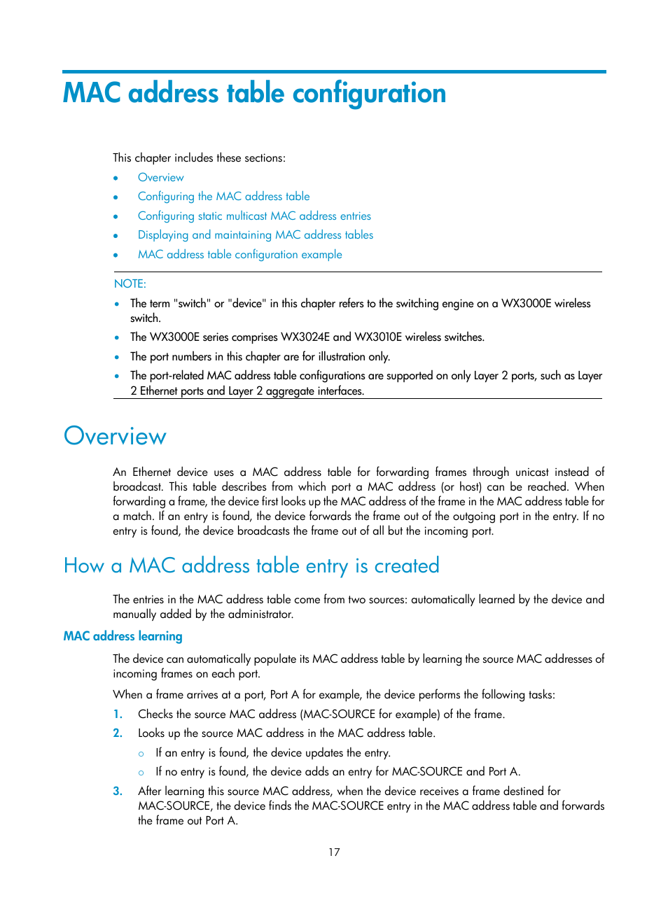 Mac address table configuration, Overview, How a mac address table entry is created | Mac address learning | H3C Technologies H3C WX3000E Series Wireless Switches User Manual | Page 26 / 156