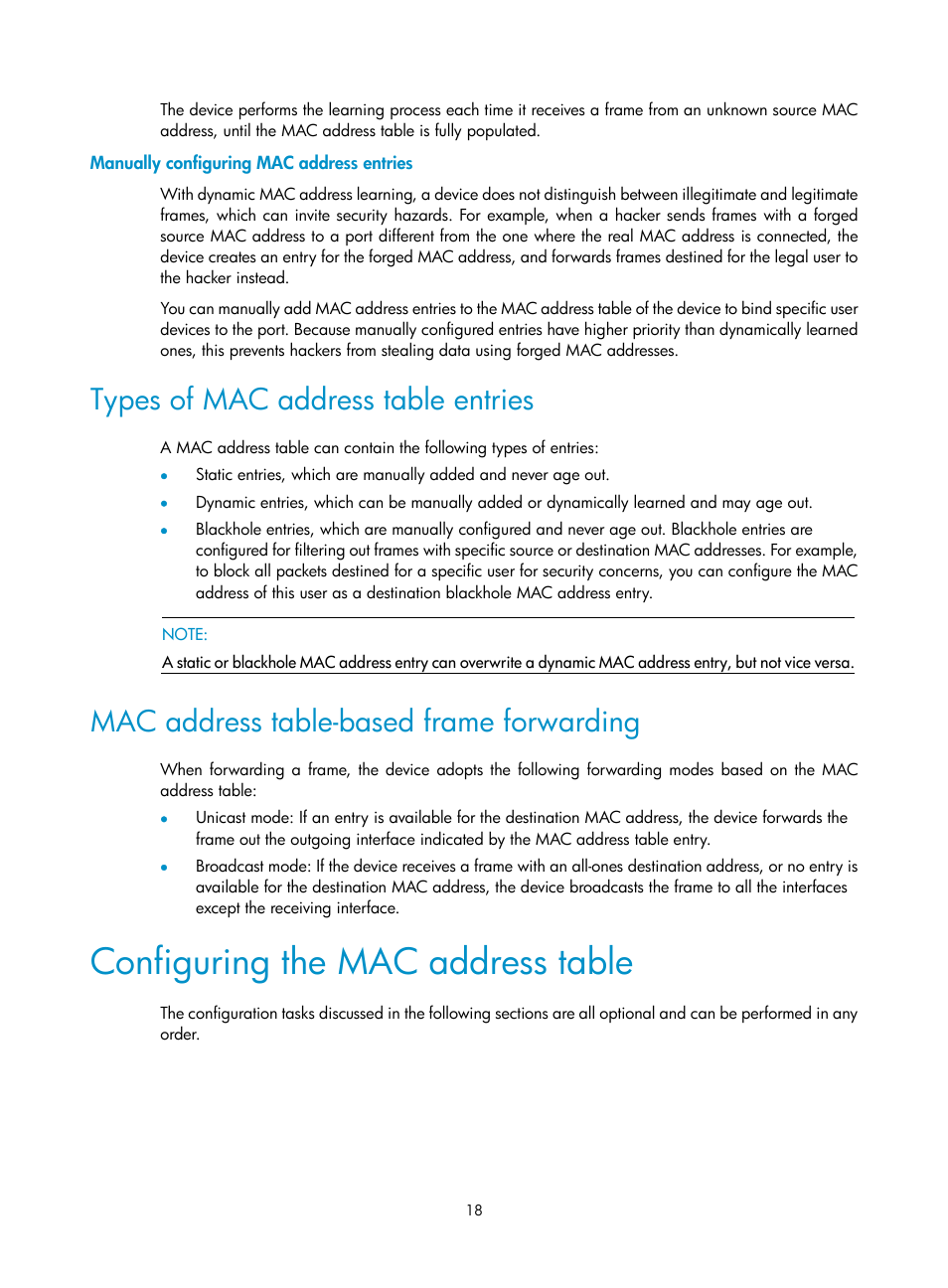 Manually configuring mac address entries, Types of mac address table entries, Mac address table-based frame forwarding | Configuring the mac address table | H3C Technologies H3C WX3000E Series Wireless Switches User Manual | Page 27 / 156