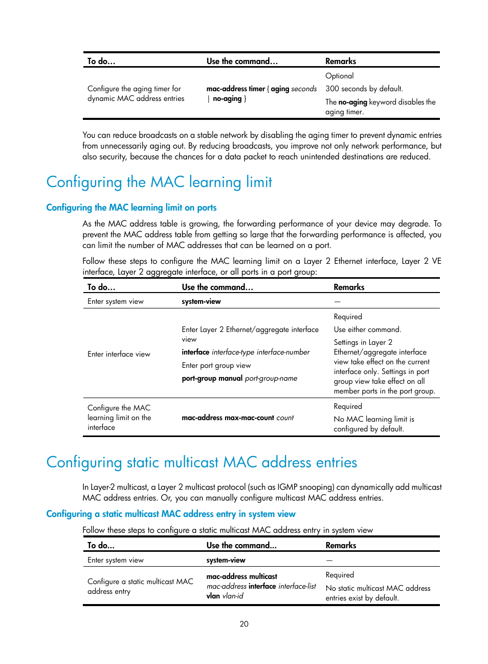Configuring the mac learning limit, Configuring the mac learning limit on ports, Configuring static multicast mac address entries | H3C Technologies H3C WX3000E Series Wireless Switches User Manual | Page 29 / 156