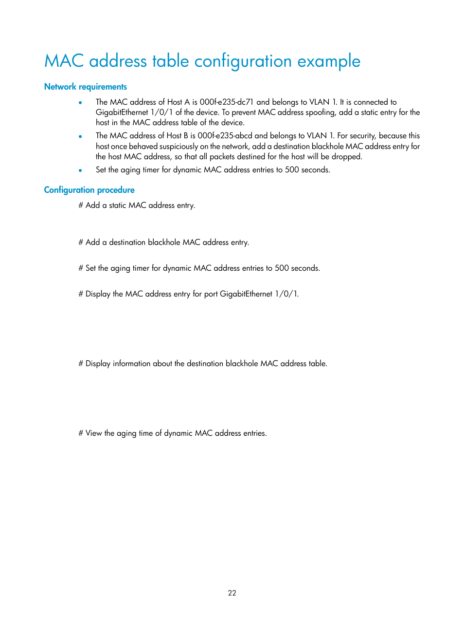 Mac address table configuration example, Network requirements, Configuration procedure | H3C Technologies H3C WX3000E Series Wireless Switches User Manual | Page 31 / 156