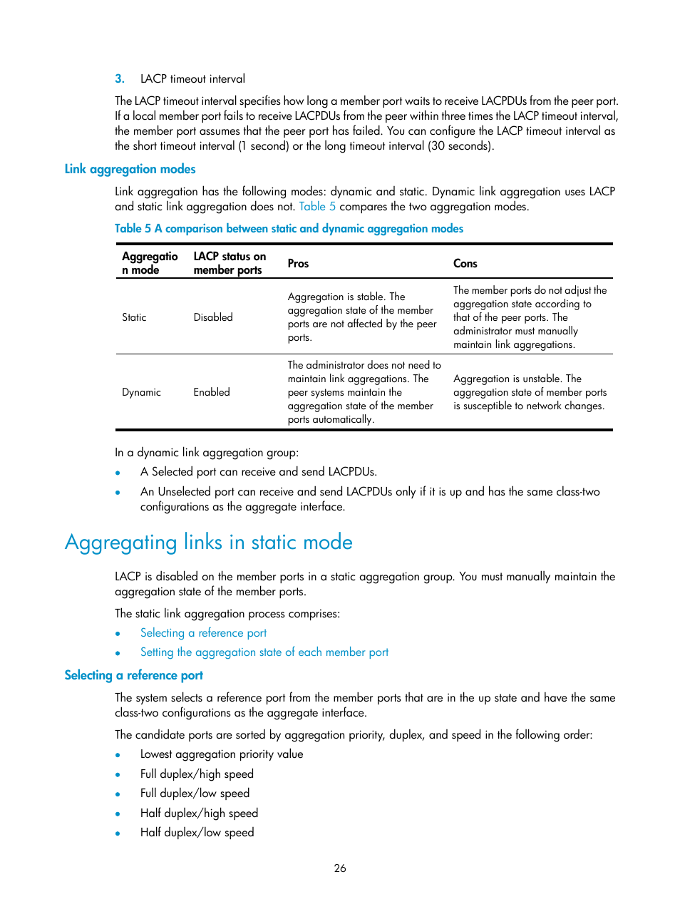 Link aggregation modes, Aggregating links in static mode, Selecting a reference port | H3C Technologies H3C WX3000E Series Wireless Switches User Manual | Page 35 / 156