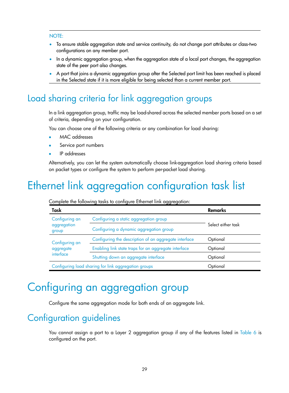 Load sharing criteria for link aggregation groups, Ethernet link aggregation configuration task list, Configuring an aggregation group | Configuration guidelines | H3C Technologies H3C WX3000E Series Wireless Switches User Manual | Page 38 / 156