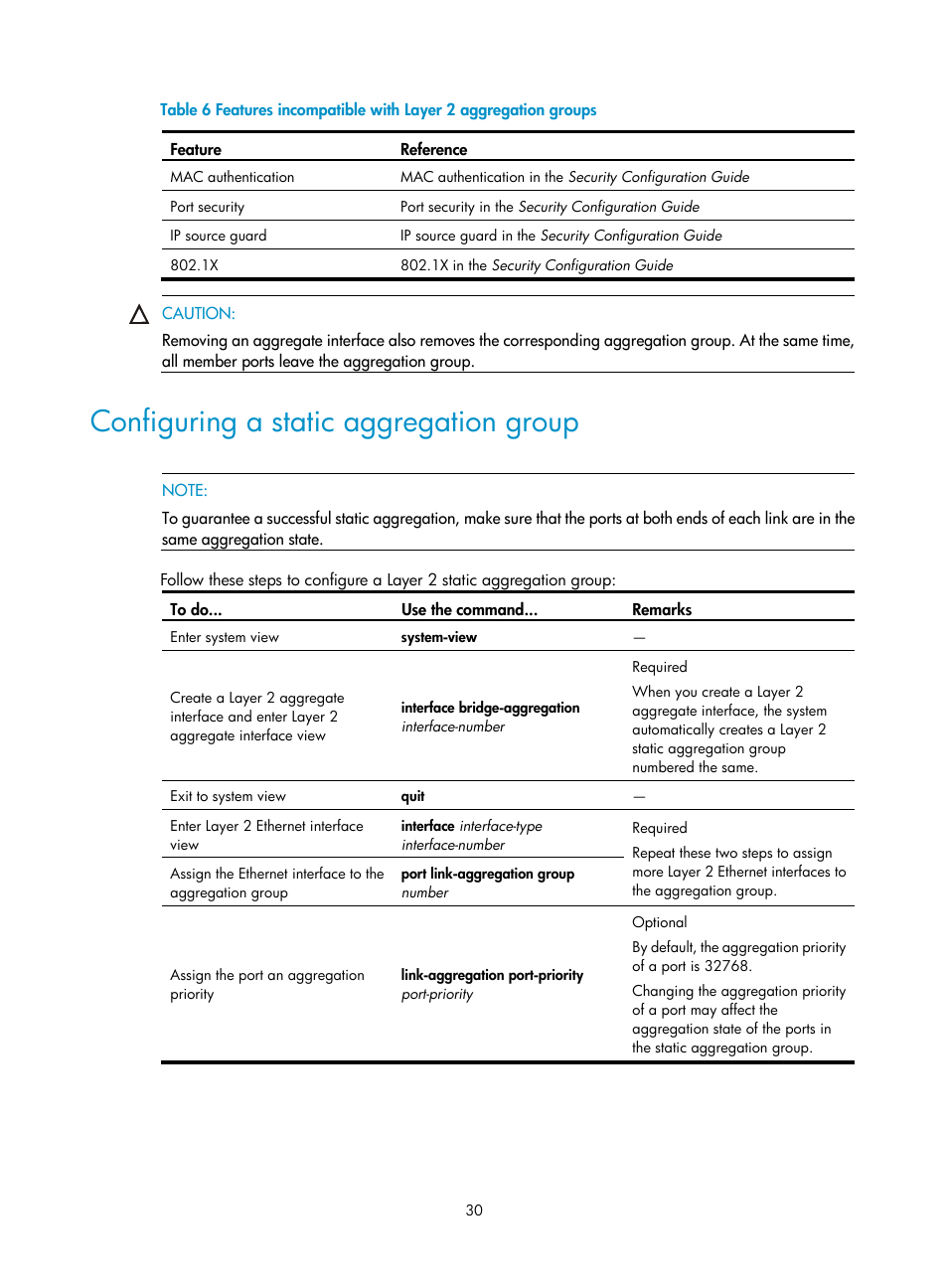 Configuring a static aggregation group, Table 6 | H3C Technologies H3C WX3000E Series Wireless Switches User Manual | Page 39 / 156