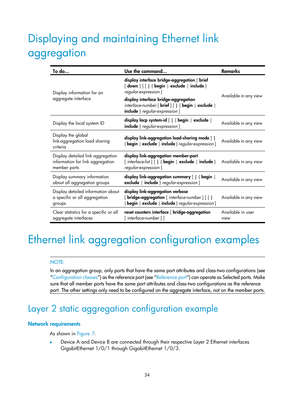 Ethernet link aggregation configuration examples, Layer 2 static aggregation configuration example, Network requirements | H3C Technologies H3C WX3000E Series Wireless Switches User Manual | Page 43 / 156